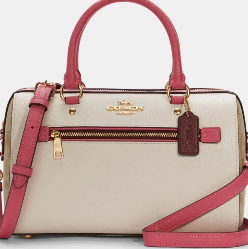 NWT Coach Colorblock Rowan Satchel Handbag Ivory/Pink/Red Leather Signature